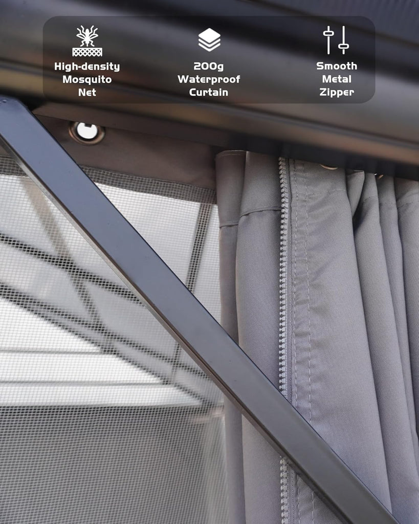10' x 13' Hardtop Gazebo with Polycarbonate Double Roof, Aluminum Frame Permanent Pavilion with Curtains and Netting