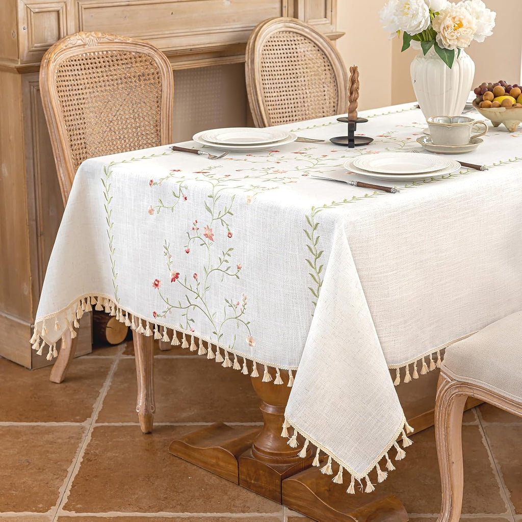 Rectangle Tablecloth 55" x 75", Pink Floral Embroidered Table Cloth with Tassels, Farmhouse Rustic L