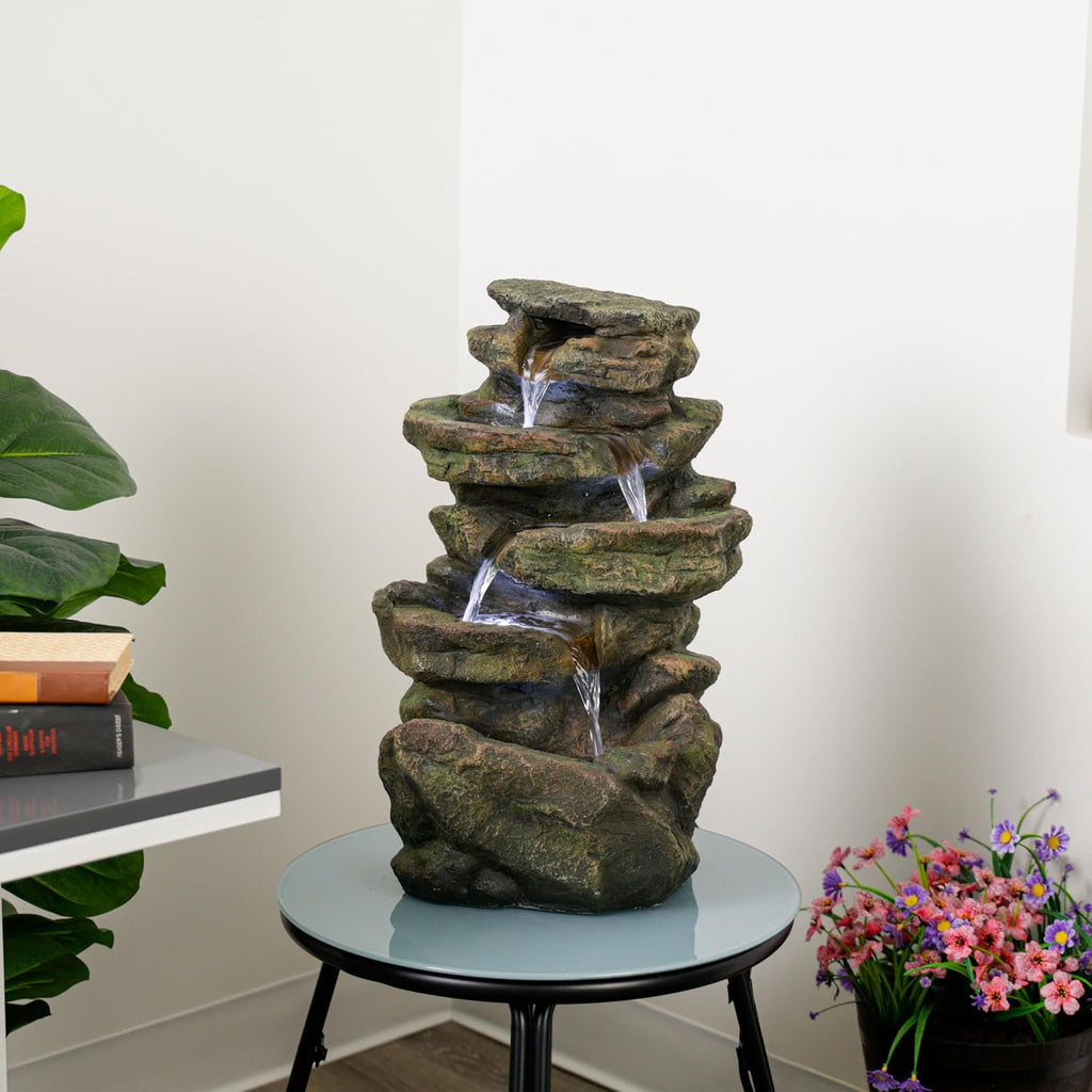 20" H Outdoor Multi-Level Rock Floor Fountain with LED Lights, Brown