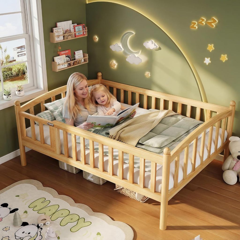 Twin Montessori Floor Bed Frame with High Rails and Door, Low-Profile Wood Kids Bed Frame with Slats, Twin Size