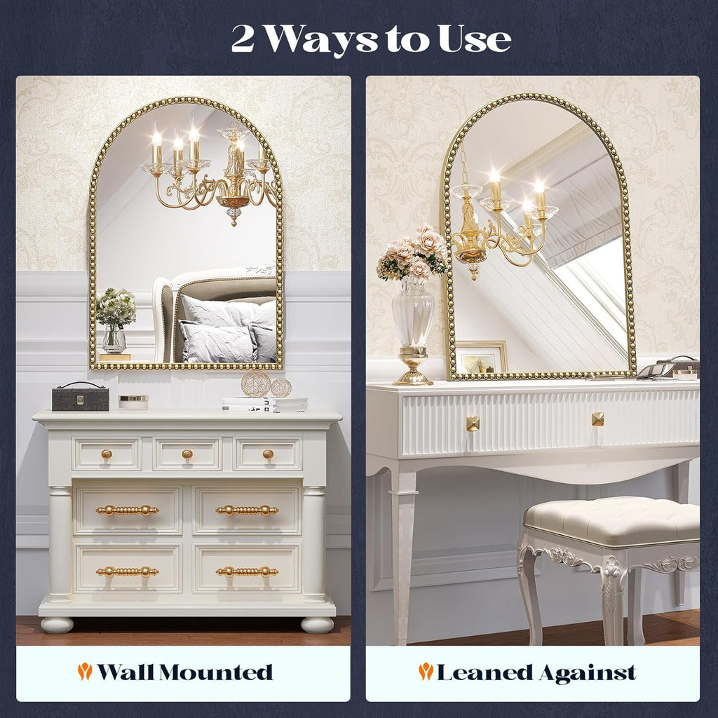 Arched Antique Gold Mirror with Beaded, 28"x36" Decorative Wall Mirrors, Champagne Bronze Brass Frame Vintage Mirror
