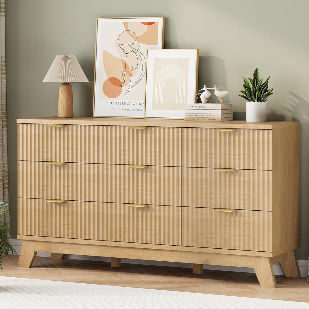 Fluted Dresser with 9 Drawers, 57" Wide Modern Chest of Drawers with Metal Handle, Wooden Dresser TV Stand, Wood