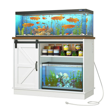 Farmhouse 30-40 Gallon Fish Tank Stand w/Power Outlet, Aquarium Stand w/Cabinet&Sliding Barn Door, Heavy Duty Reptile