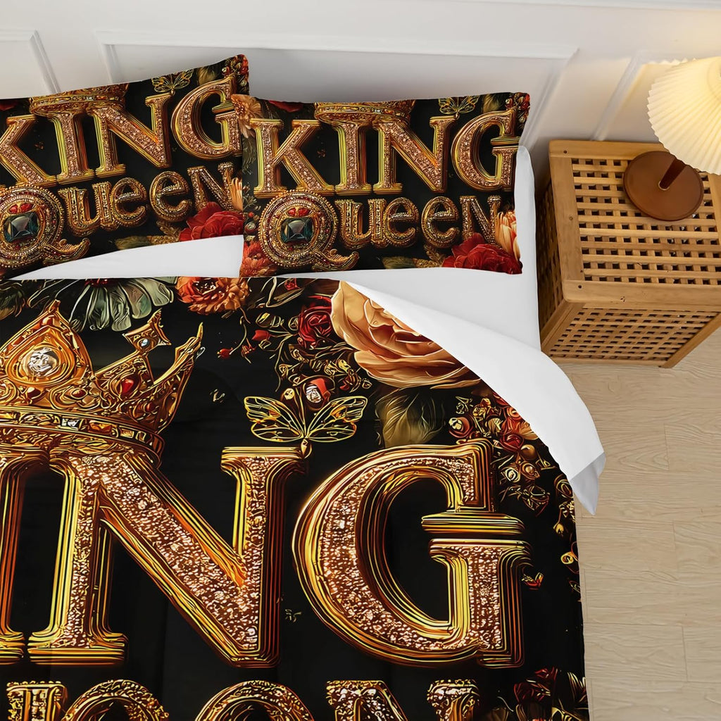 King and Queen Comforter Set Black and Gold，King and Queen Bedding Set，Red Floral Quilt Set，with 1 Comforter