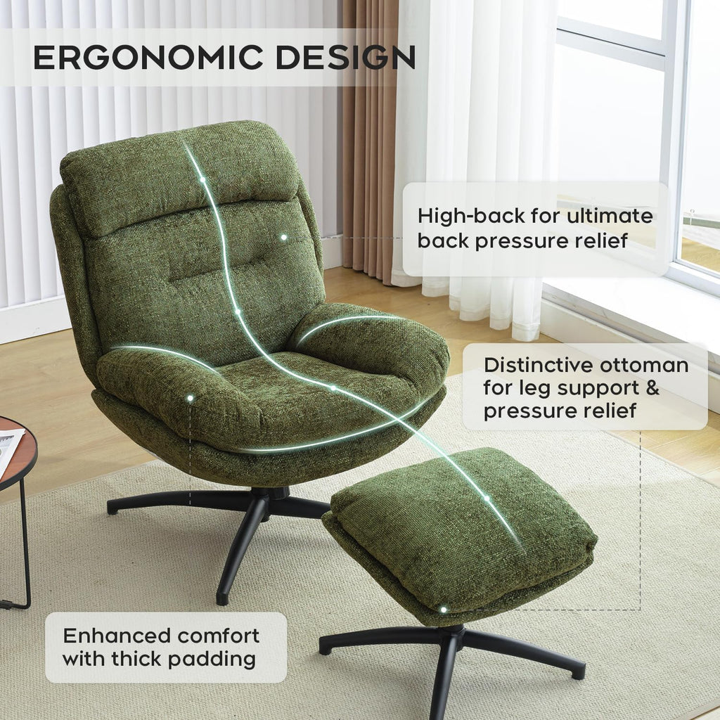 Modern Reading Chair and Ottoman — Green Chenille