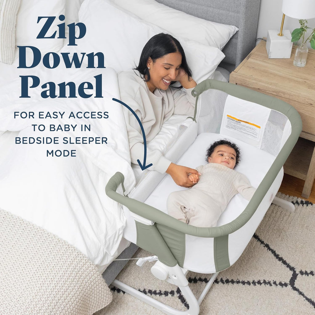 Beside MeTM Dreamer Bassinet, Organic Sage | 6-Position Height Adjustment, Mesh Wall for Air Flow & Visibility, Zip