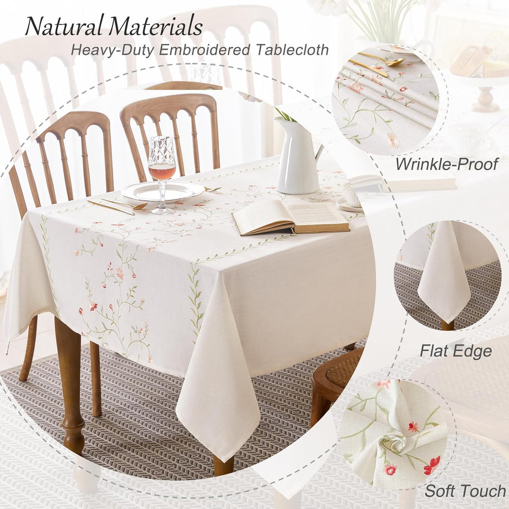 Linen Style Embroidered Tablecloth, Waterproof and Wrinkle-Resistant Table Cloth Rectangle Tables, F