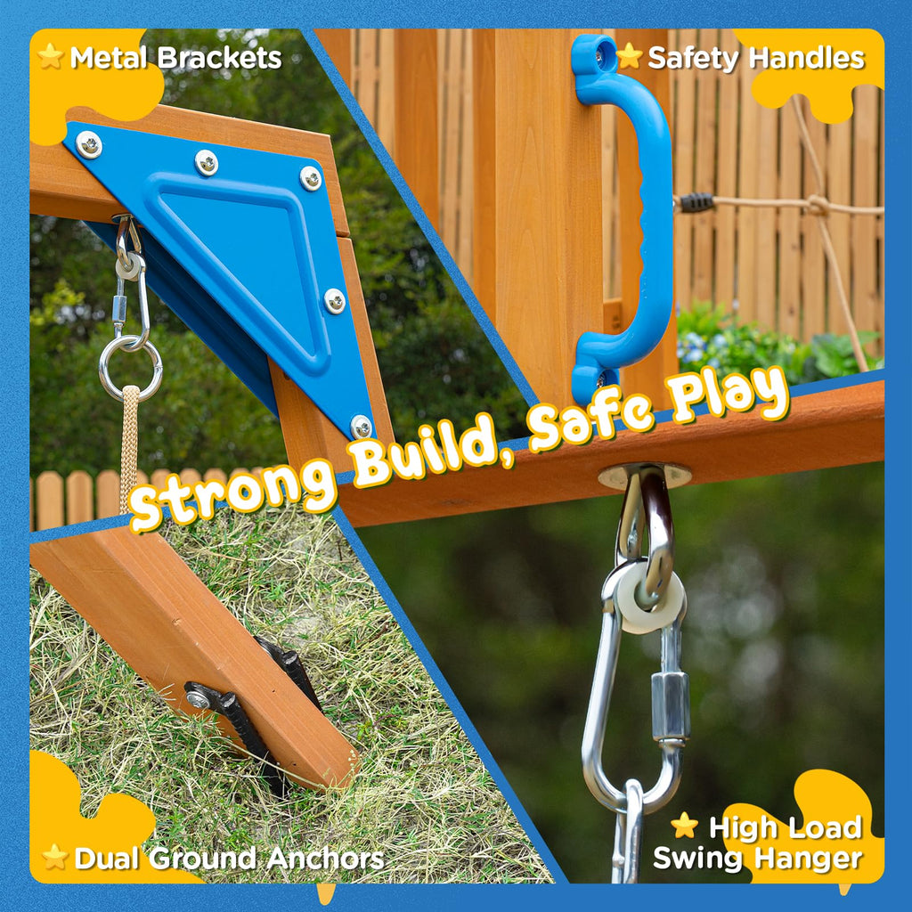 Playground Wooden Swing Sets for Backyard with Plank Bridge