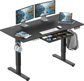 55 x 28 Electric Height Adjustable Standing Desk w/Drawer, Black | w/ Memory Presets and Cable Management | Drawer