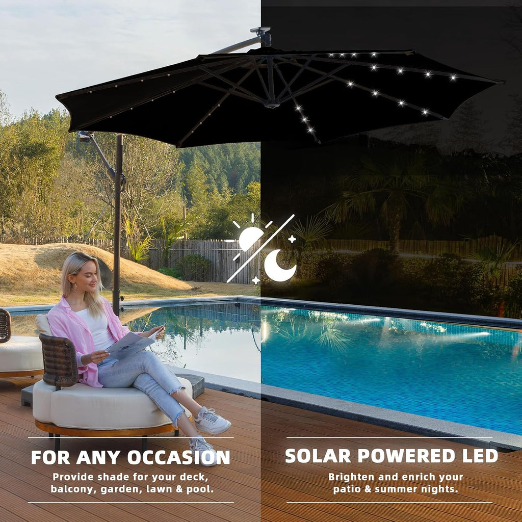 10ft Solar LED Offset Patio Umbrella, Outdoor Cantilever Patio Umbrellas with Solar Lights and Garden