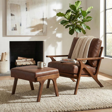 Mid-Century Modern Leather Accent Chair with Ottoman, Upholstered PU Leather Armchair with Solid Wood Frame, Comfy - Set of 2