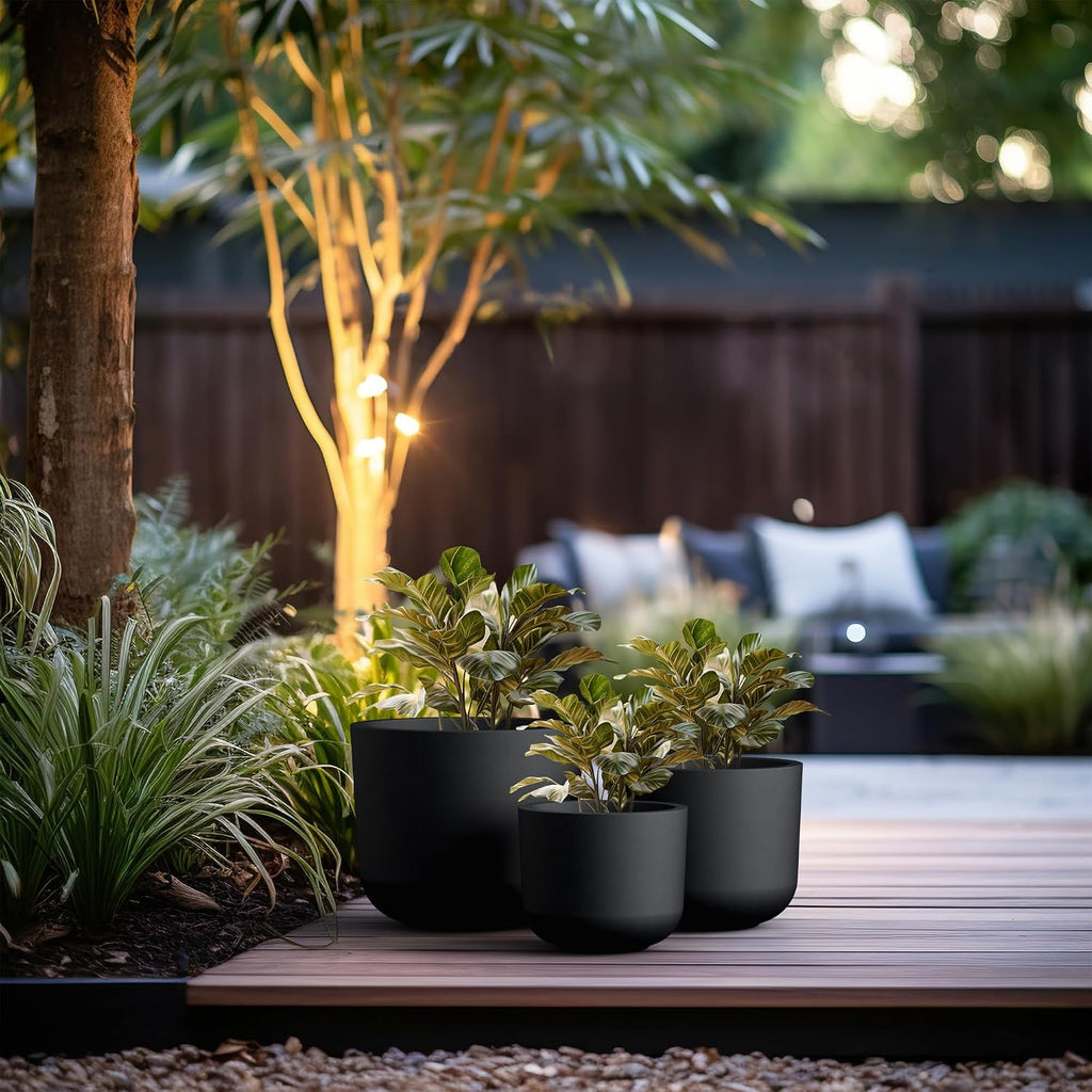 Set of 3 Black Concrete Capsule Planters 13.1" 11" 13.1" Dia | Drainage for Outdoor, Rubber Plug for Indoor Home