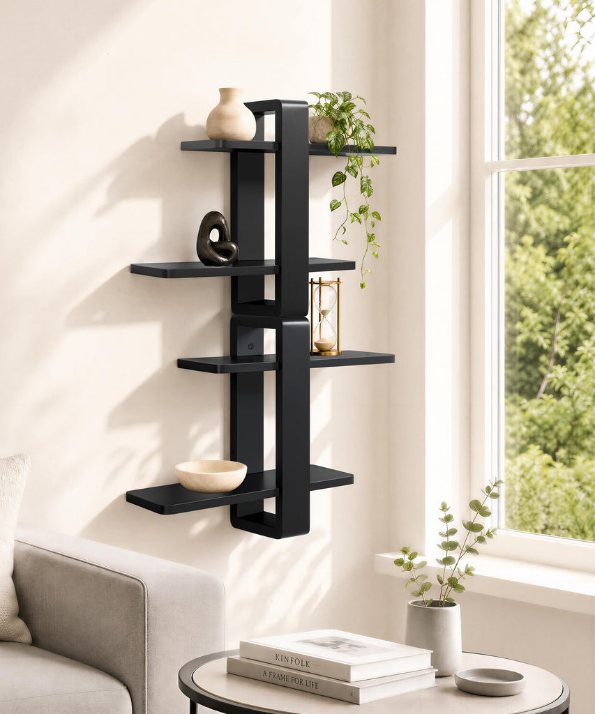 Black Floating Shelves for Wall, 2 Tier Adjustable Shelf Unit