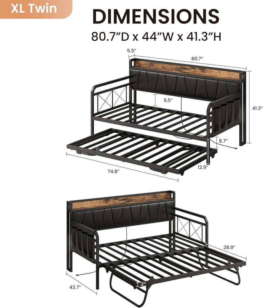 Twin XL Daybed, Day Bed Frame with Pop Up Trundle, Black | Pop Up Trundle Bed with Smooth Wheels, Charging Station