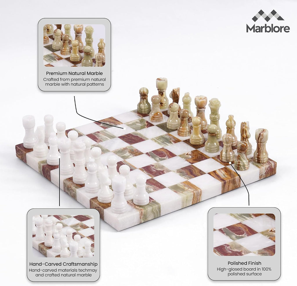 Marble Chess Set for Adults 10 Inch Handmade White and Green Luxury Decorative Chess Board with 32 Chess Pieces & 2 - Set of 34