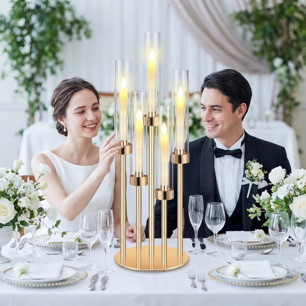 2 Set Gold Candelabra Centerpieces for Tables, 26.8 Inch 5 Arm Candle Holders with LED Candles and Acrylic Cylinders