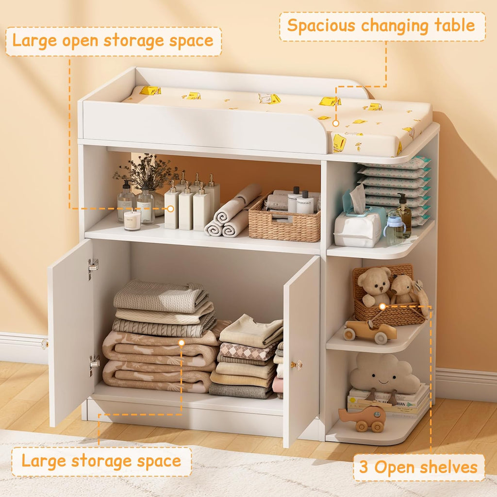 Changing Table Dresser, Baby Dresser with Changing Table Top, Diaper Changing Station with Large Cabinet, 4 Open