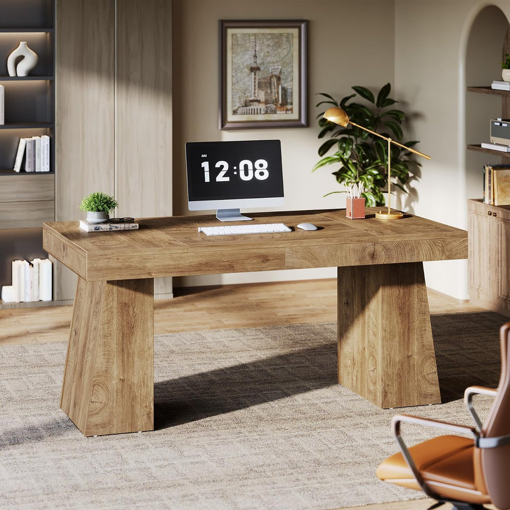 55-Inch Executive Desk, Thick Wood Office Computer Desk with Double Pedestal