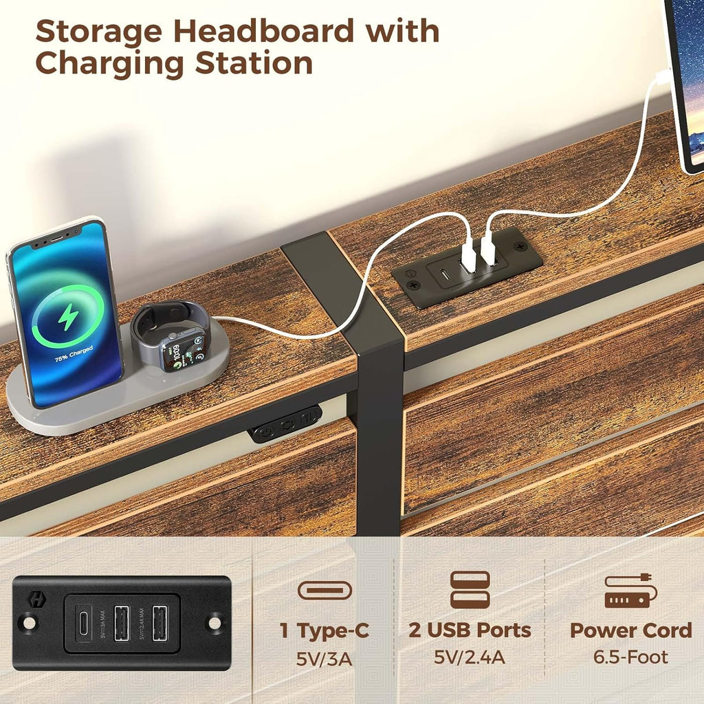 Bed Frame Full with USB Charging Station, LED Bed Frame with Wood Storage Headboard
