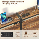 Bed Frame Full with USB Charging Station, LED Bed Frame with Wood Storage Headboard