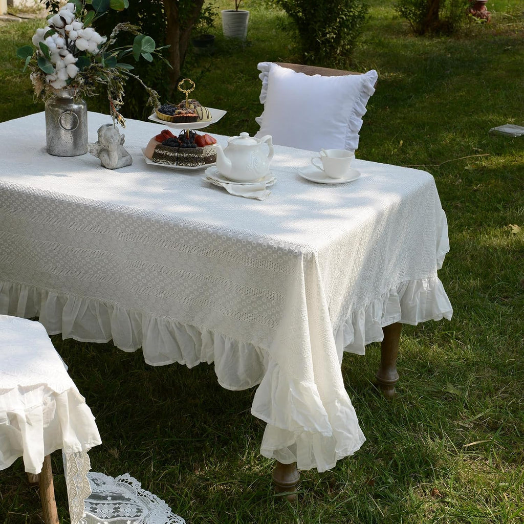White Cotton Tablecloth Ruffled Lace Embroidered Fabric Tablecloths Rustic French Washable Table Cov