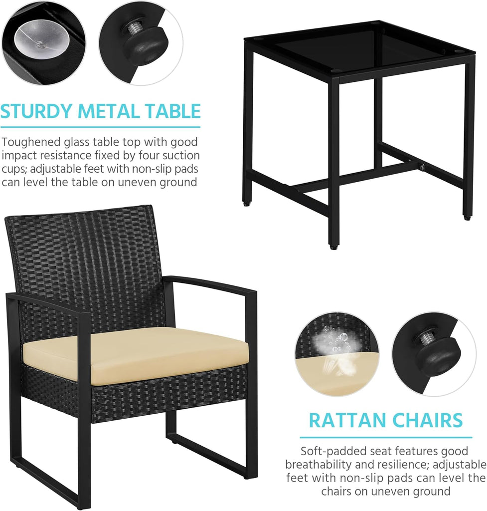 3 Pieces Rattan Bistro Set, Indoor/Outdoor Wicker Patio Modern Conversation Furniture