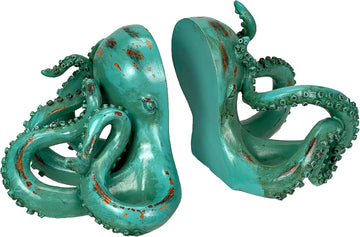 Set of 2 Octopus Decorative Bookends, 10 Inch Aqua Resin | Lifelike Tentacle Sculpting, Felt Pad Feet Help Protect