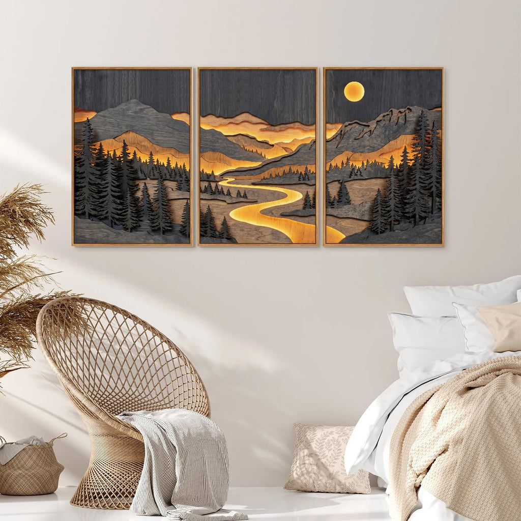 Dark Mountain Framed Canvas Wall Art, Rustic Nature Woodland Landscape Wall Decor, Woodcut Pine Trees Artwork, Retro