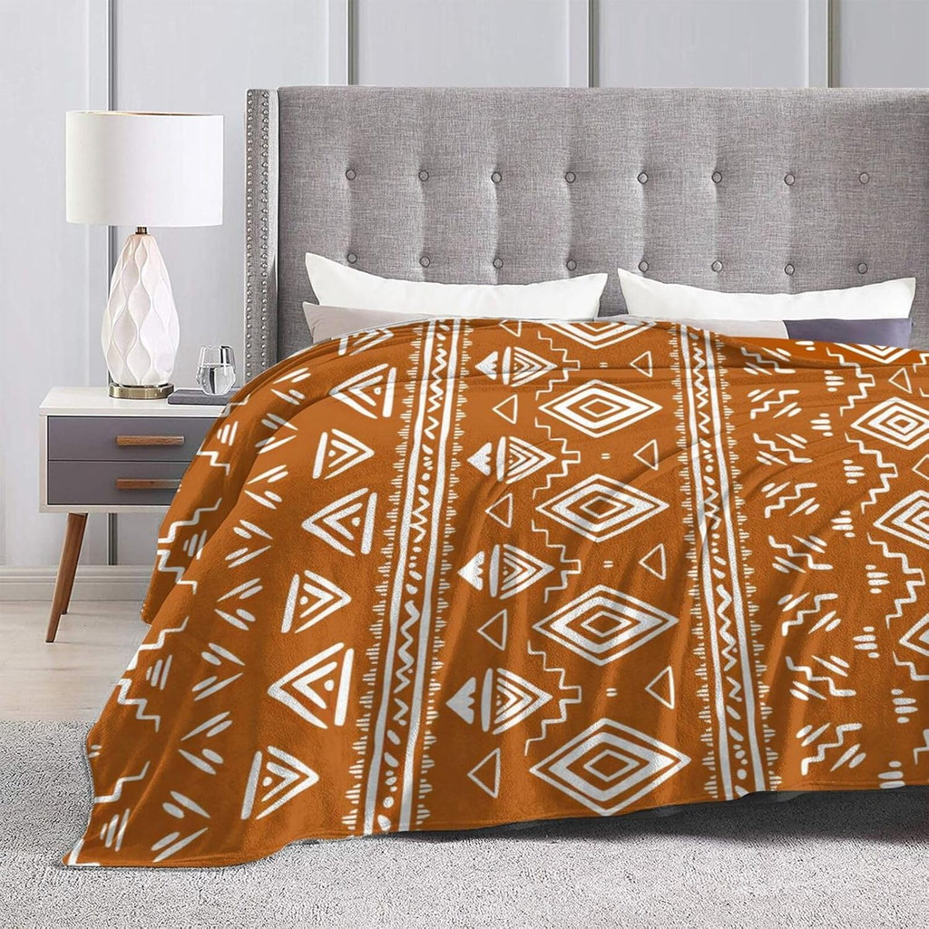 Orange White Retro Boho Tribal Western Modern Throw Blanket Gifts for Women, Soft Fuzzy Warm Cozy Flannel Blankets