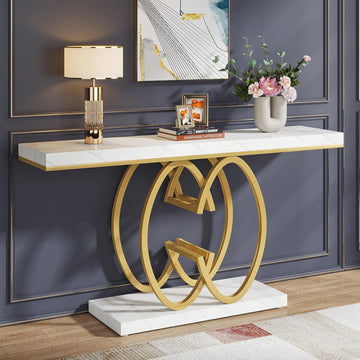 55 Inch Console Table , Faux Marble Gold Entryway Table with Geometric Metal Base, Modern Narrow Sofa Accent Table