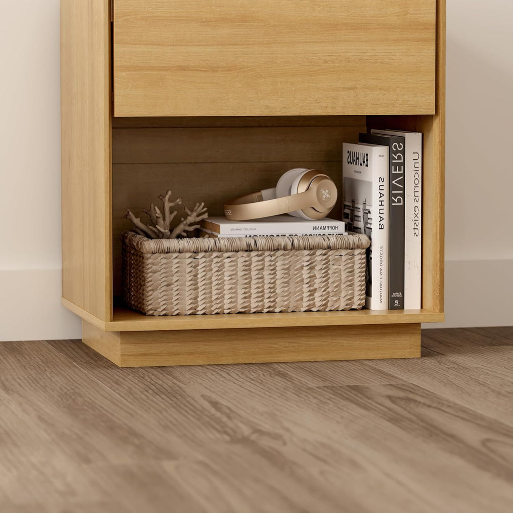 Wood End Side Table Modern Farmhouse Nightstand Bedside Cabinet with Storage Drawer and Open Shelf , Natural Oak