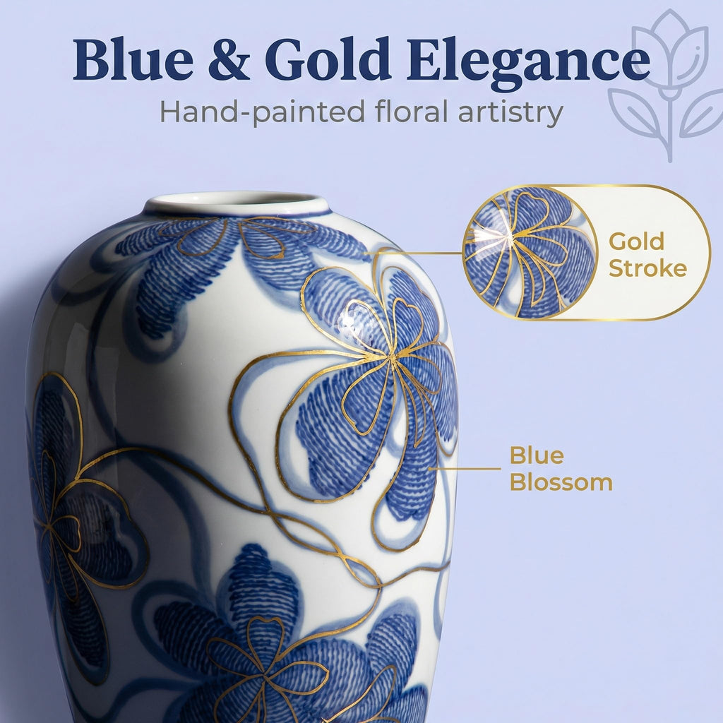 Blue and White Ceramic Vase Decor - Hand-Painted Porcelain Flower Vase with Gold Accents - Chinoiserie-Inspired Home