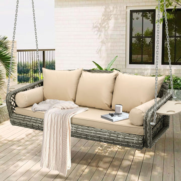 3 Seat Hanging Wicker Porch Swing with Cup Holders, 800Lbs