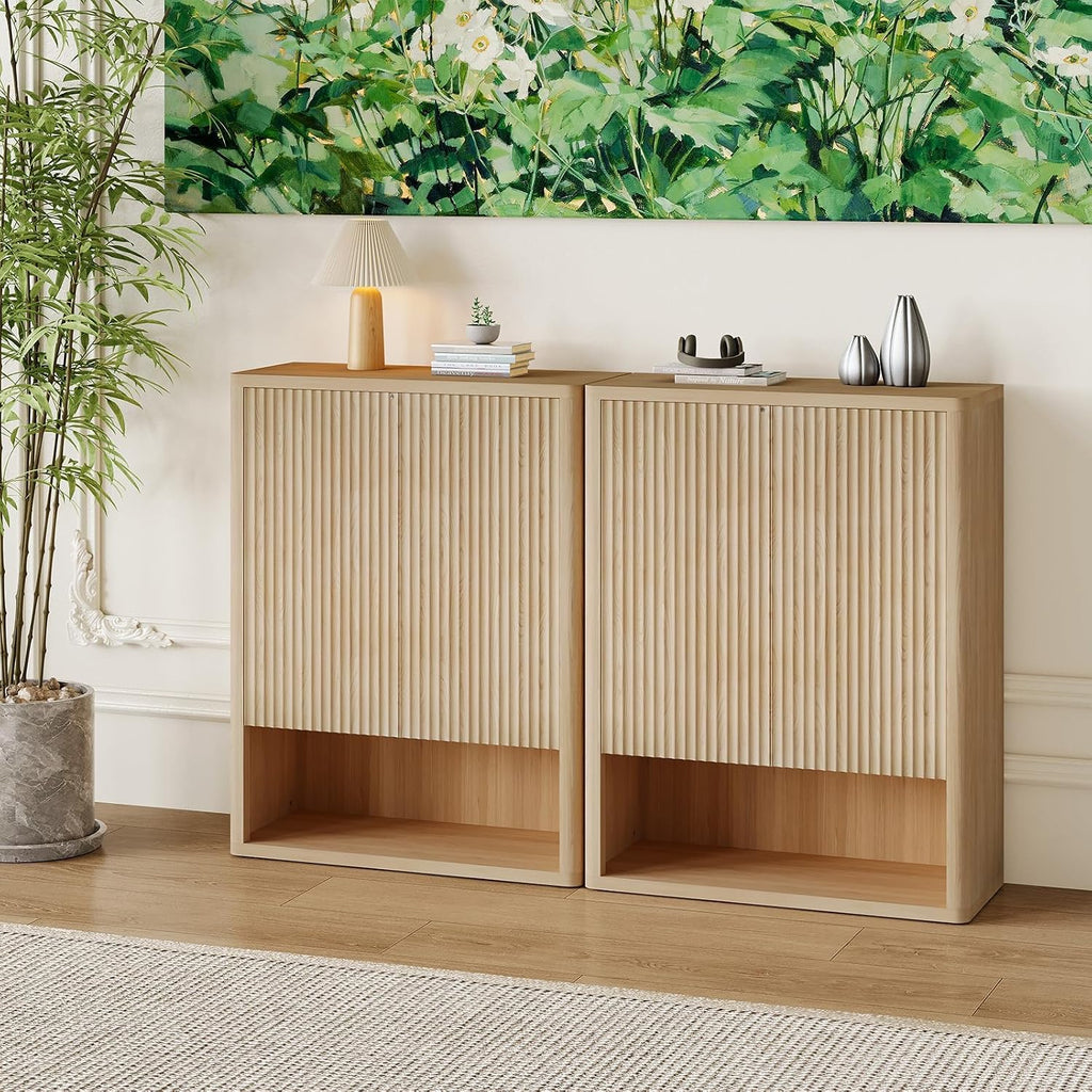 5-Tier Fluted Shoe Cabinet with Adjustable Shelves, Oak | Double Doors, Space-Saving Storage, Natural Oak Finish
