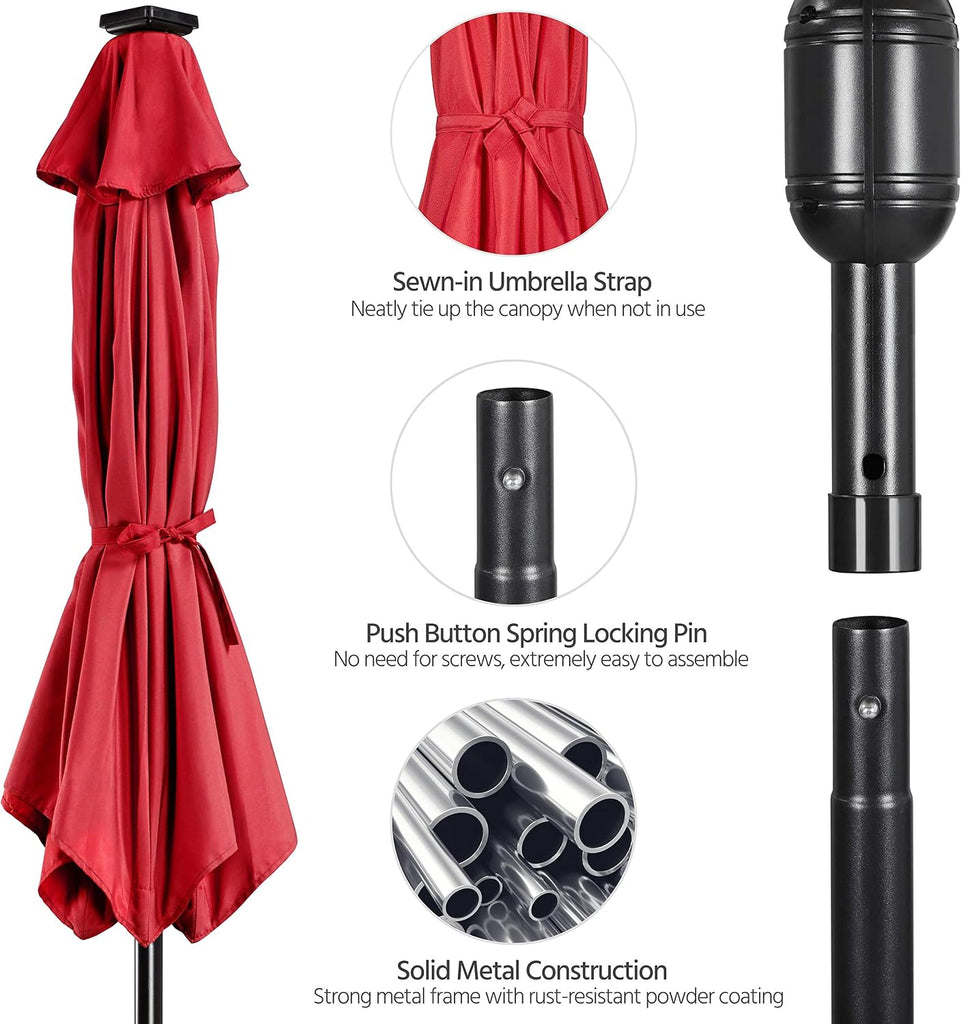 9FT Solar Powered Patio Umbrella - UV Protection Market Table Umbrella w/ 32 LED Lights & Push Button Tilt & Crank Lift