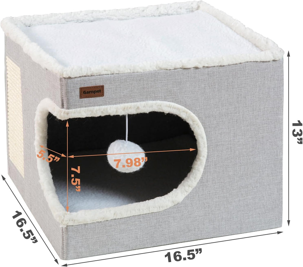 Cat Bed for Indoor Cats Cube House, Covered Cat Cave Beds & Furniture with Scratch Pad and Hideaway Tent