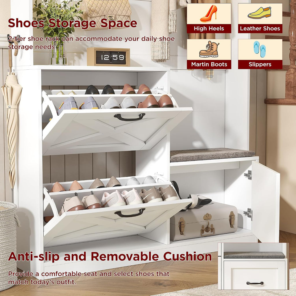 Narrow Hall Tree with Shoes Storage, Entryway Bench with Coat Rack and Led Lights, 78" Tall Hall Tree with 9 Coat