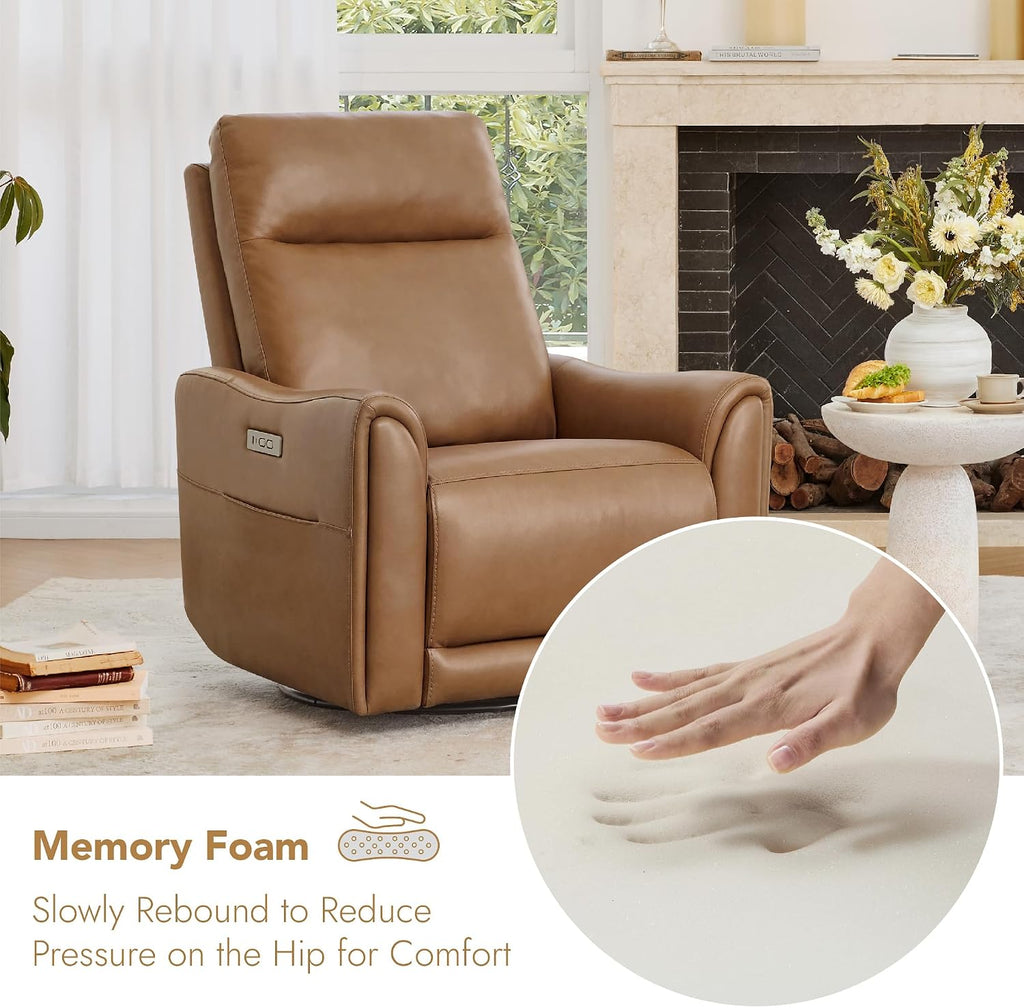 Genuine Leather Power Recliner Chairs for Adults, Swivel Glider Recliner Chair with Charging Ports, Saddle