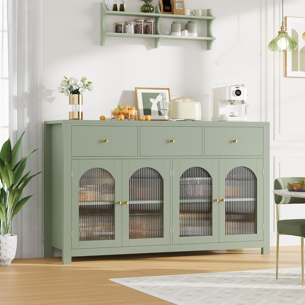 Buffet Cabinet with Storage, 55.1" Large Sideboard Buffet, Farmhouse Kitchen Cabinet with 3 Drawers and 4 Doors