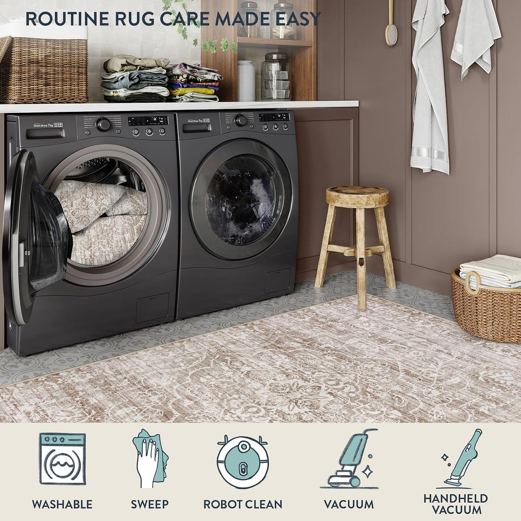 Runner Rug for Hallway 2.5x10, Washable Kitchen Runner Rugs Ultra-Thin Non Slip, Neutral Boho Print Long Farmhouse