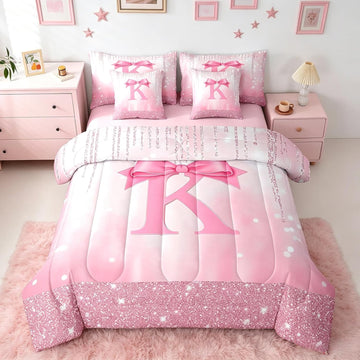 Kids Pink Bowknot 7 Pieces Bedding Set, Personalized Initial K Bed in A Bag Princess Glitter Comforter Set