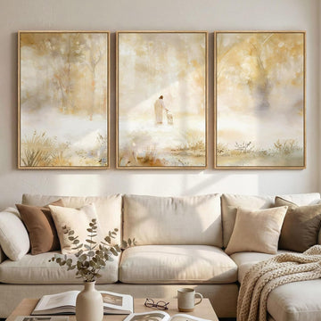 Large Framed Christian 3 Piece Wall Art, Jesus Leaves the 99 Sheep Canvas Prints, Neutral Gold Forest Misty