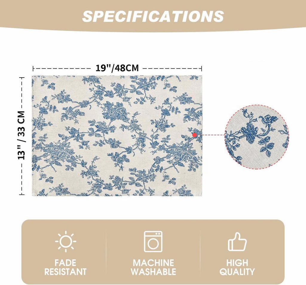 Pastoral 100% Polyester Fabric Placemats for Dining Table Set of 6