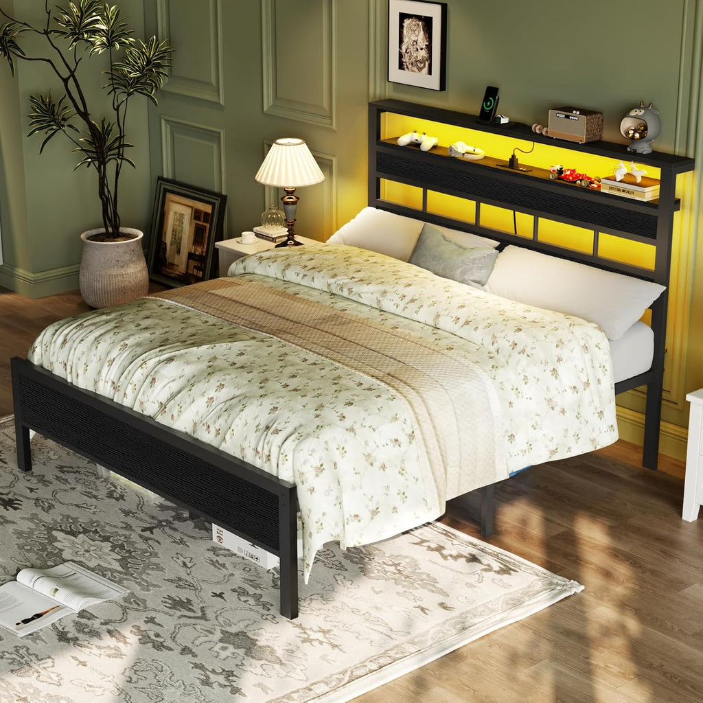 Full Bed Frame with LED Light and Charging Station, Wood Storage Headboard with 2-Tier Shelves