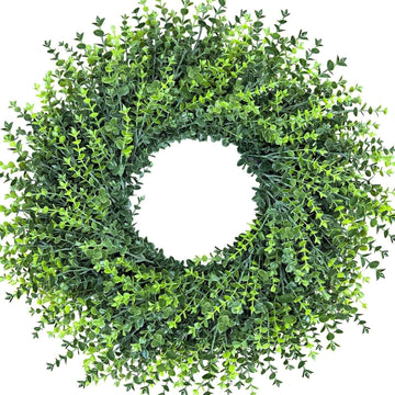 All Season Artificial Boxwood Wreath for Front Door, Farmhouse Year Round Greenery Wreath Outdoor with Hanging Tag
