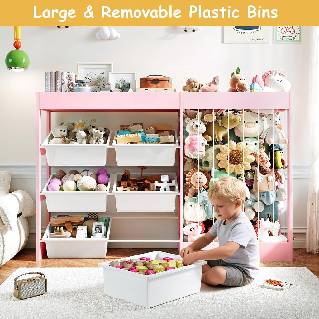 50.6"W x 39.4"H Kids Toy Organizer with Stuffed Animal Storage, Wooden | Kids Storage with 153L Stuffed Animal Zoo, 6