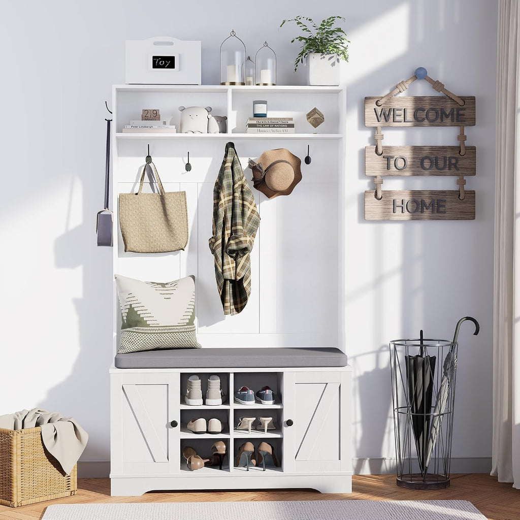 71" Hall Tree with Bench and Shoe Storage, Entryway Hall Tree with 2 Doors and 6 Adjustable Shelves, Cushioned
