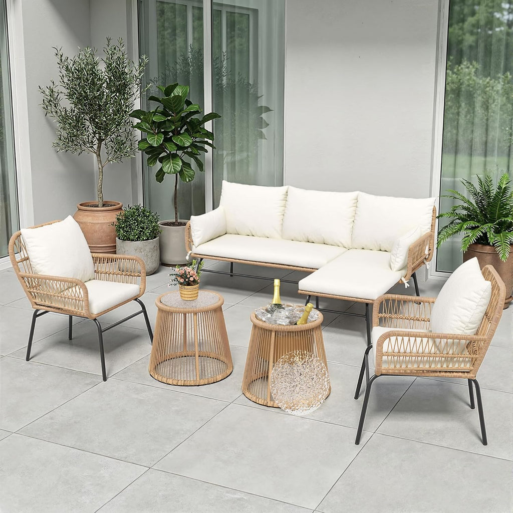 6-Piece Boho Outdoor Patio Furniture Set, L-Shaped Wicker Sectional Sofa with Ice Bucket Table & High Back, Sturdy