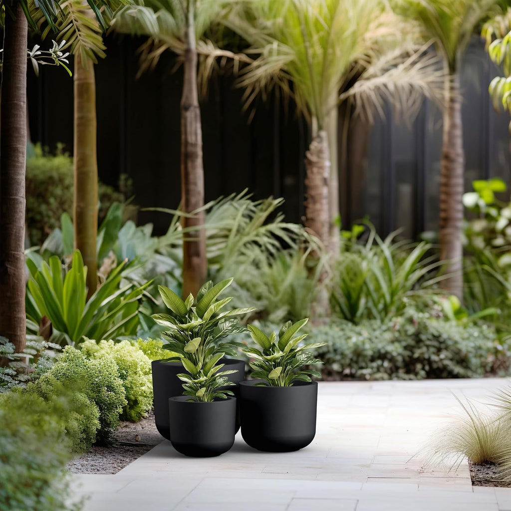 Set of 3 Black Concrete Capsule Planters 13.1" 11" 13.1" Dia | Drainage for Outdoor, Rubber Plug for Indoor Home