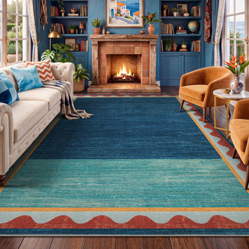 Retro Mid-Century Modern Area Rug Living Room, Washable Teal & Blue Scalloped Rug, Soft Vintage Throw Carpet
